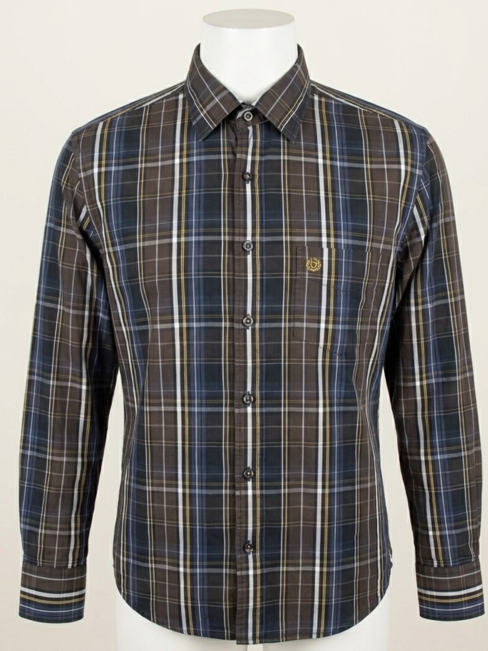 Bugatti Ryan 9152 Men Large Blue Brown Plaid Long Sleeve Button Down Shirt 41/42